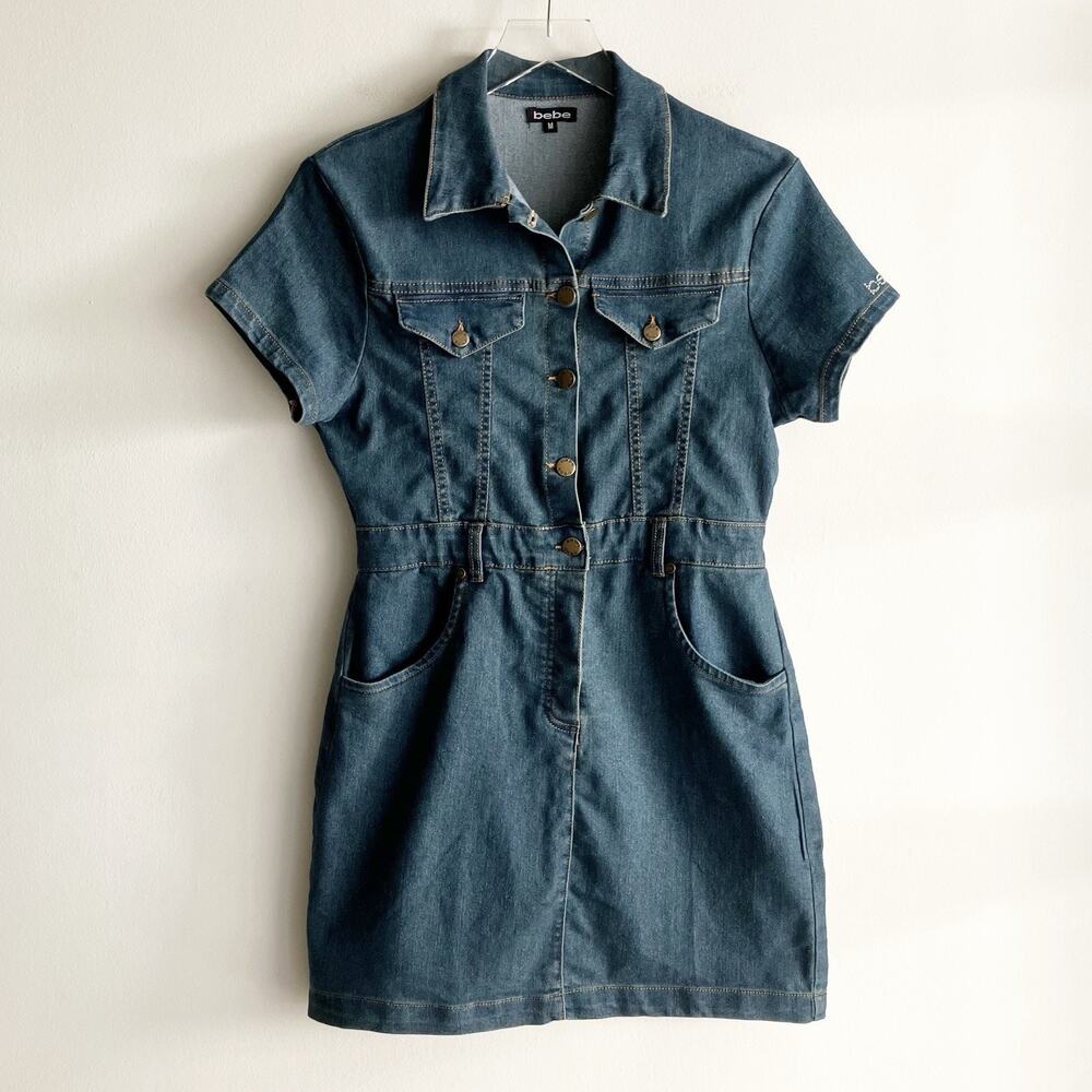 Bebe Womens Size Medium Stretch Denim Mini Dress Collar Pockets Logo Y2K